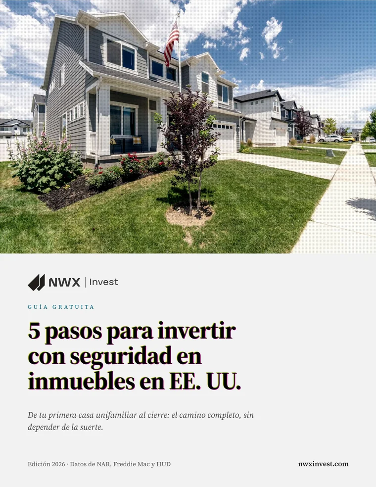 Portada de la guía: casa single-family estadounidense con bandera, bajo el título