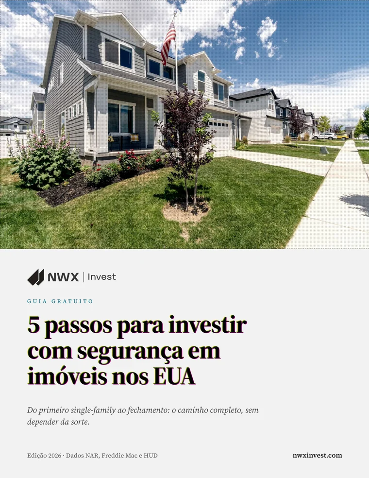 Capa do guia: casa single-family americana com bandeira, sob o título do guia